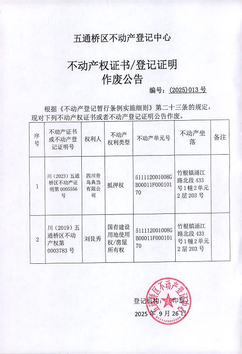 五通橋區(qū)不動產(chǎn)登記中心  作廢公告  （2025）013號